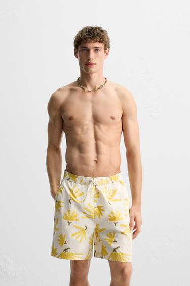 FLORAL PRINT LONG SWIMMING TRUNKS - Ecru by Zara - Image 1