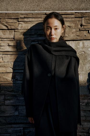 울 스카프 쇼트 코트 - Zara 블랙