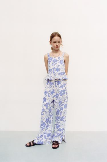 PRINTED STRAIGHT-LEG LINEN BLEND TROUSERS - Ecru / Blue by Zara