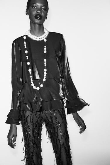 Zara RUFFLED SHINY FABRIC BLOUSE - Black