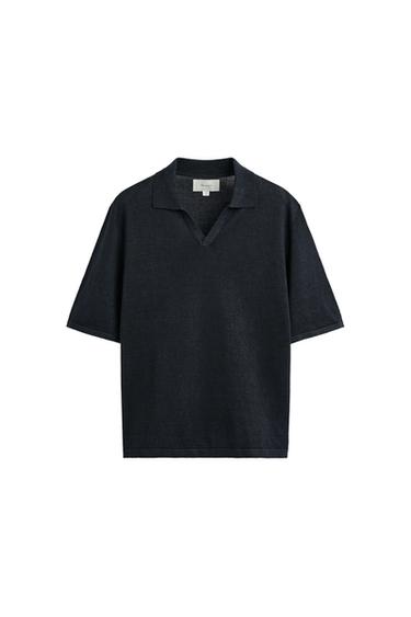 Zara 100% HEMP KNIT POLO SHIRT - Navy blue