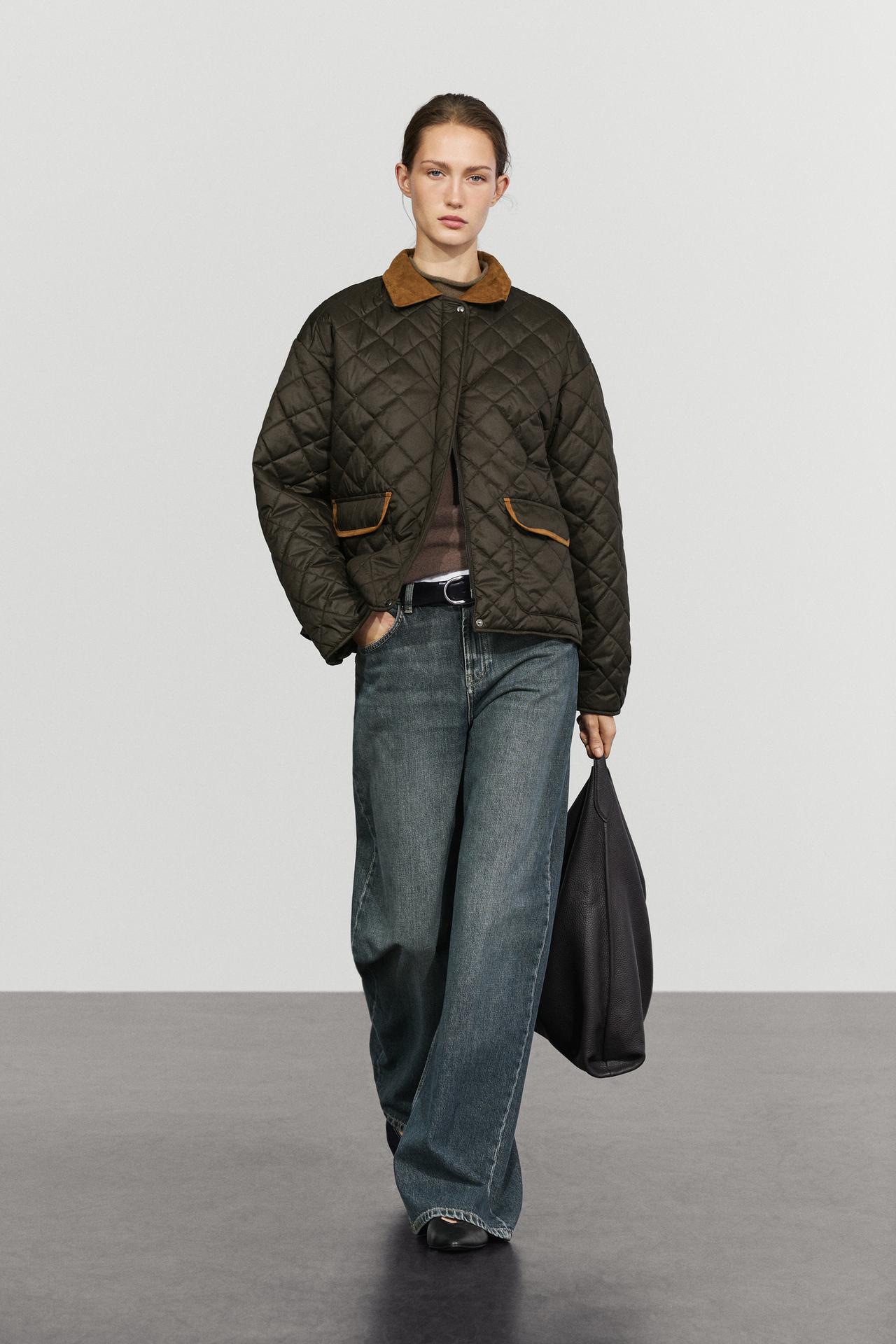 Padded short jacket with leather combination — Mid-turquoise