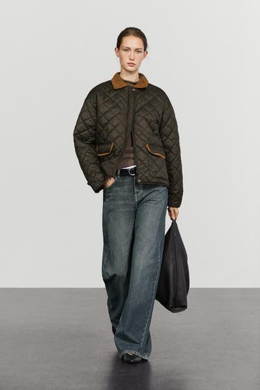 Padded short jacket with leather combination — Mid-turquoise 1