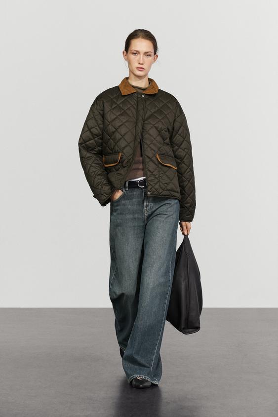 Zara Padded short jacket with leather combination - Mid-turquoise - Image 0