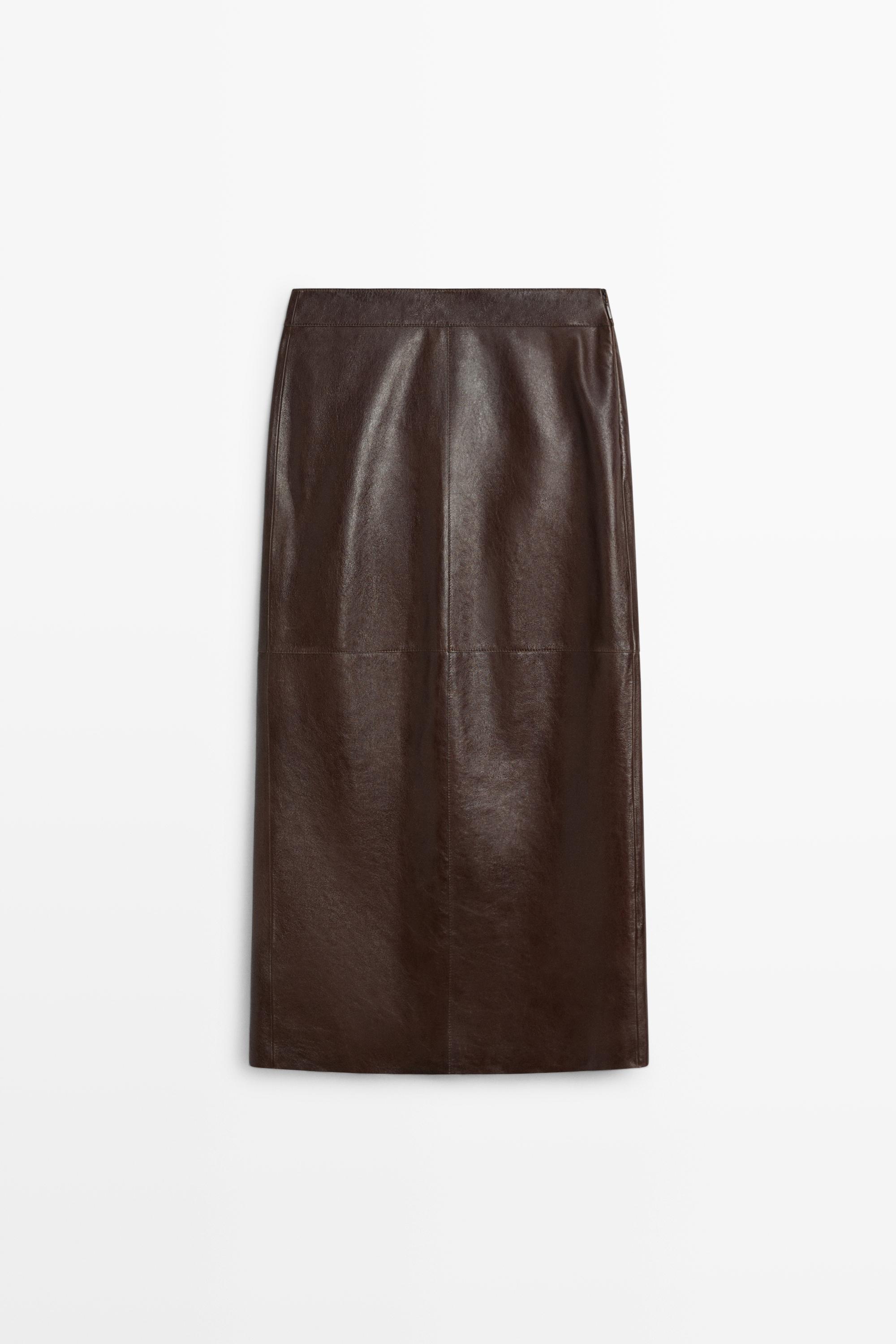 Jupe midi droite en cuir nappa avec coutures