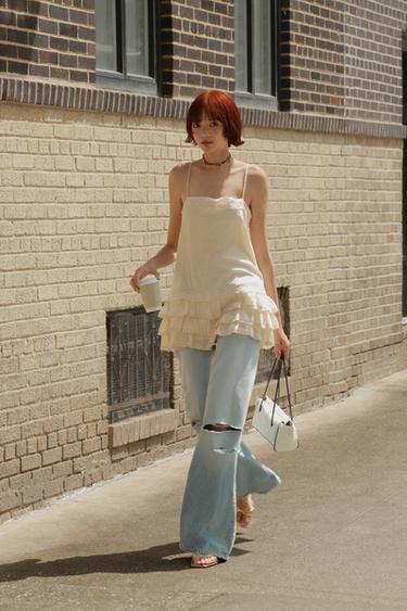 TRF EXTRA WIDE-LEG HIGH-WAIST RIPPED JEANS - Light blue by Zara