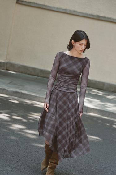 Zara 格紋網紗洋裝 - 棕色