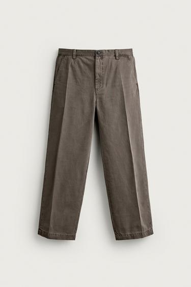 Zara RELAXED-FIT WASHED CHINO PANTS - Brown
