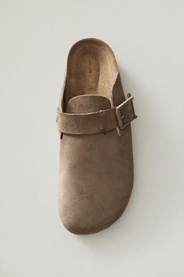 Zara LEATHER MULE CLOG SLIPPERS WITH BUCKLE AND TOPSTITCHING DETAIL - Brown