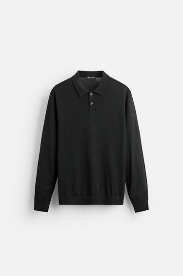 Zara MERINO WOOL KNIT POLO SHIRT - Black