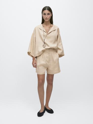 Zara 100% linen long Bermuda shorts with darts - Sand