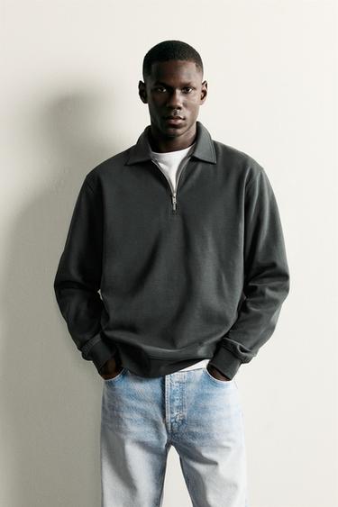 Zara ZIP INTERLOCK POLO SWEATSHIRT - Dark green