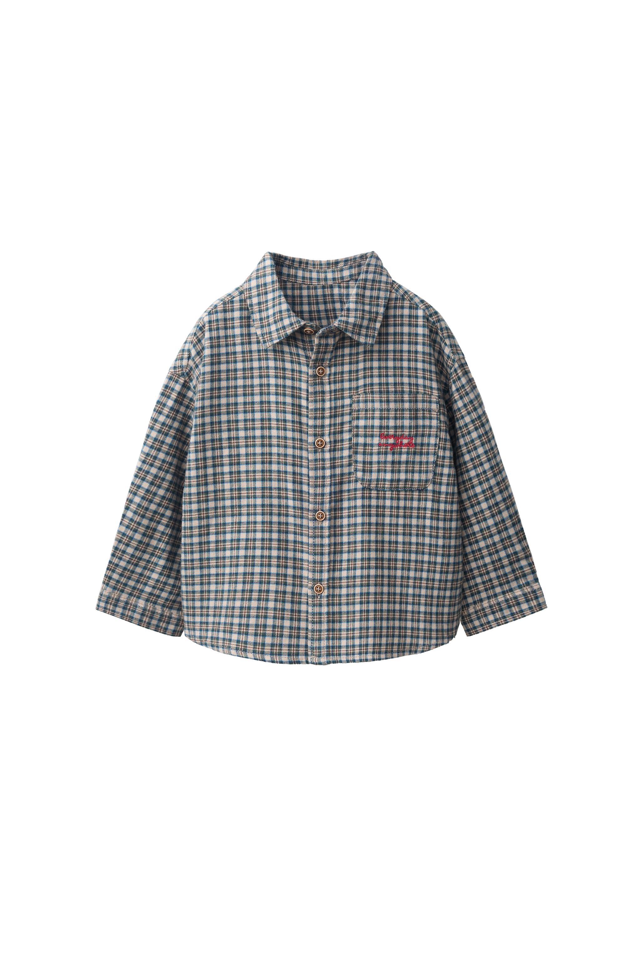 ZARA KIDS チェックスーツブレザー&パンツ、シャツ、ネクタイ4点セット 刺繍テキスト チェックシャツ - ミディアムグリーン | ZARA Japan / 日本