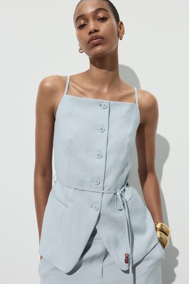 Zara BEADED BELT VEST - Light blue