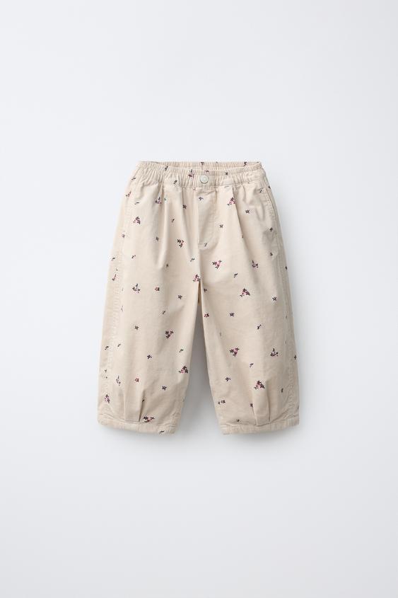 PRINTED FLORAL NEEDLECORD BALLOON TROUSERS - Ecru by Zara - Image 0
