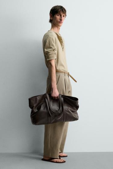 LEATHER TOTE BAG - Brown by Zara - Image 1