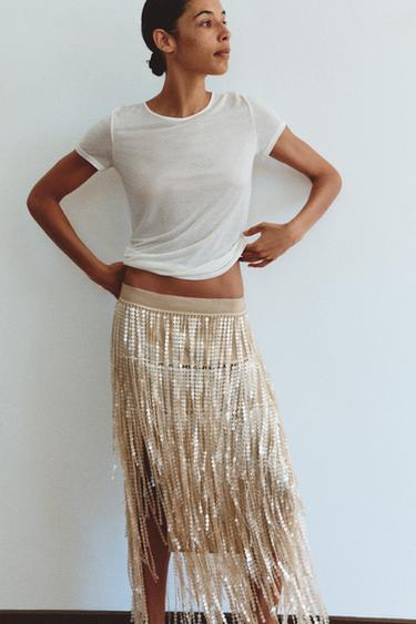 FALDA MIDI FLECOS LENTEJUELAS - Crudo de Zara