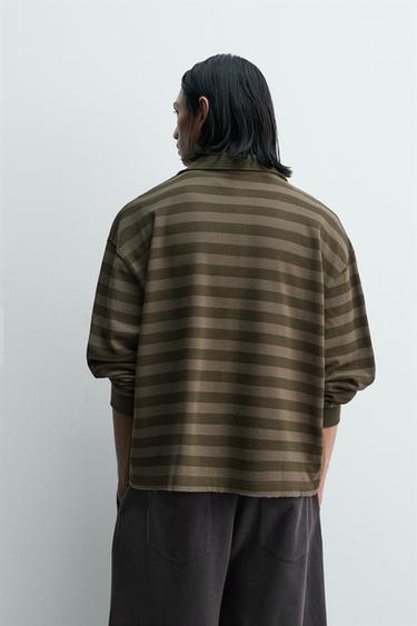 Zara STRIPED PIQUÉ POLO SHIRT - Dark khaki