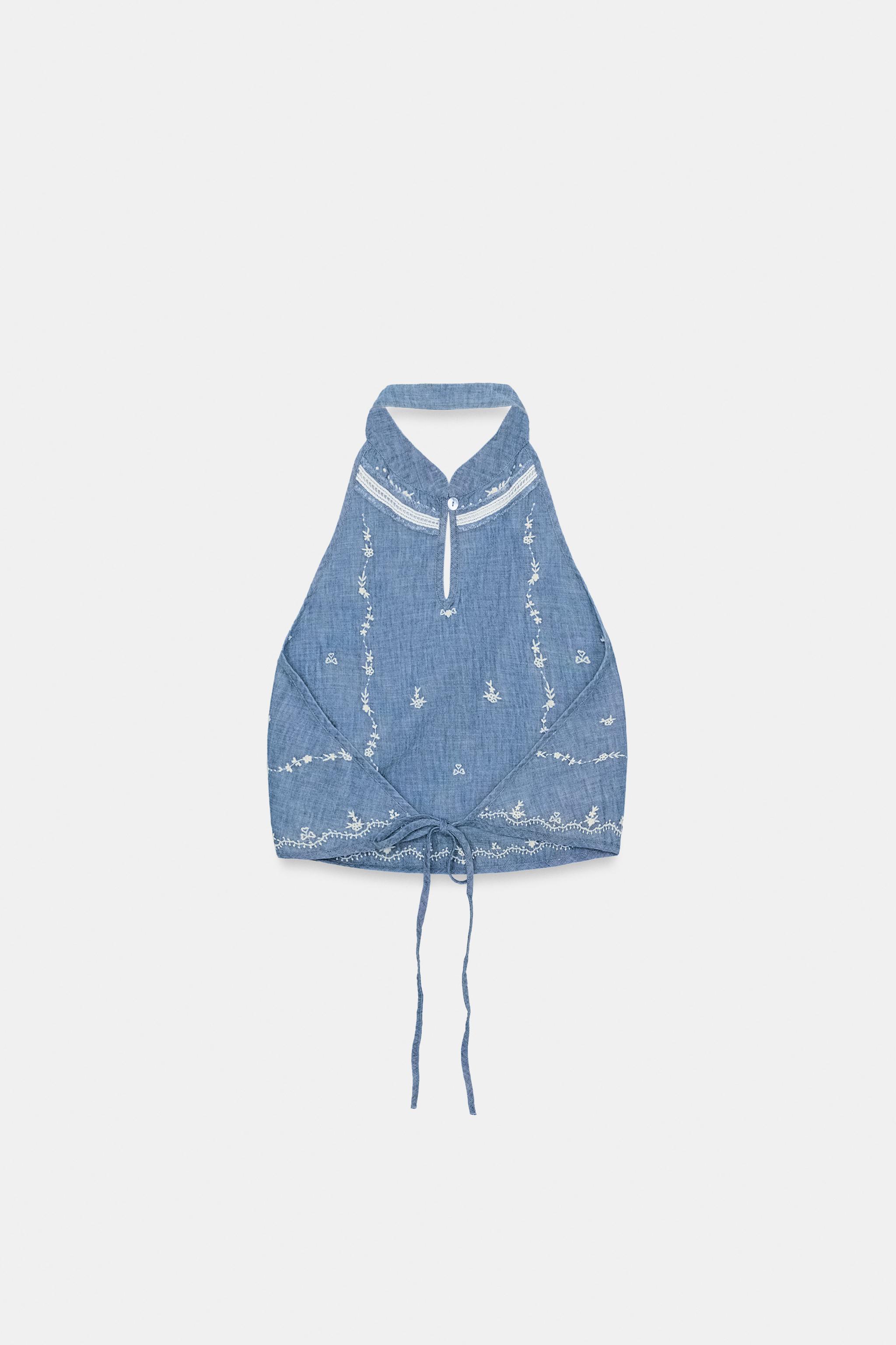 刺繍入りホルターネックトップス - ライトブルー | ZARA Japan / 日本