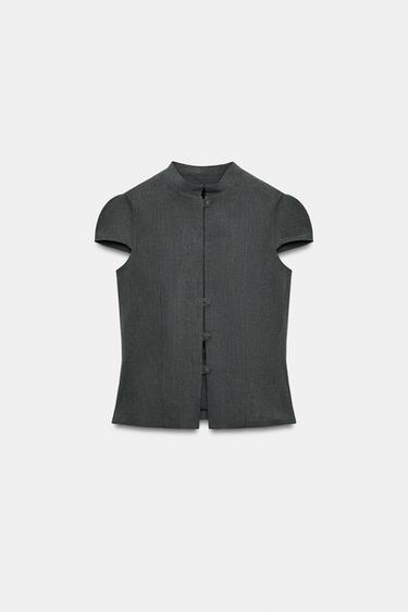 Zara SHORT SLEEVE BUTTON TOP - Gray marl