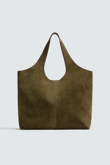 Zara LEATHER SHOPPER - Khaki Green