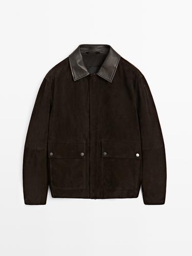 Zara Suede leather jacket with collar detail - Chocolate