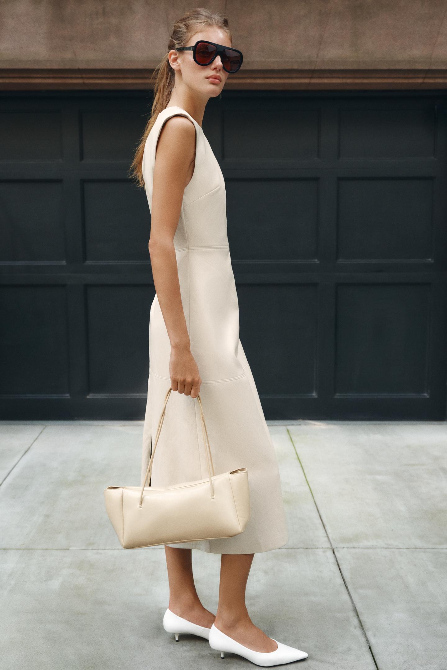 Женское платье Zara MIDI Faux Leather Dress with Shoulder Pads, цвет: Экрю — фото 3