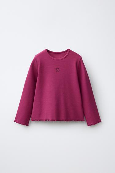 Zara EMBROIDERED RIBBED T-SHIRT - Fuchsia