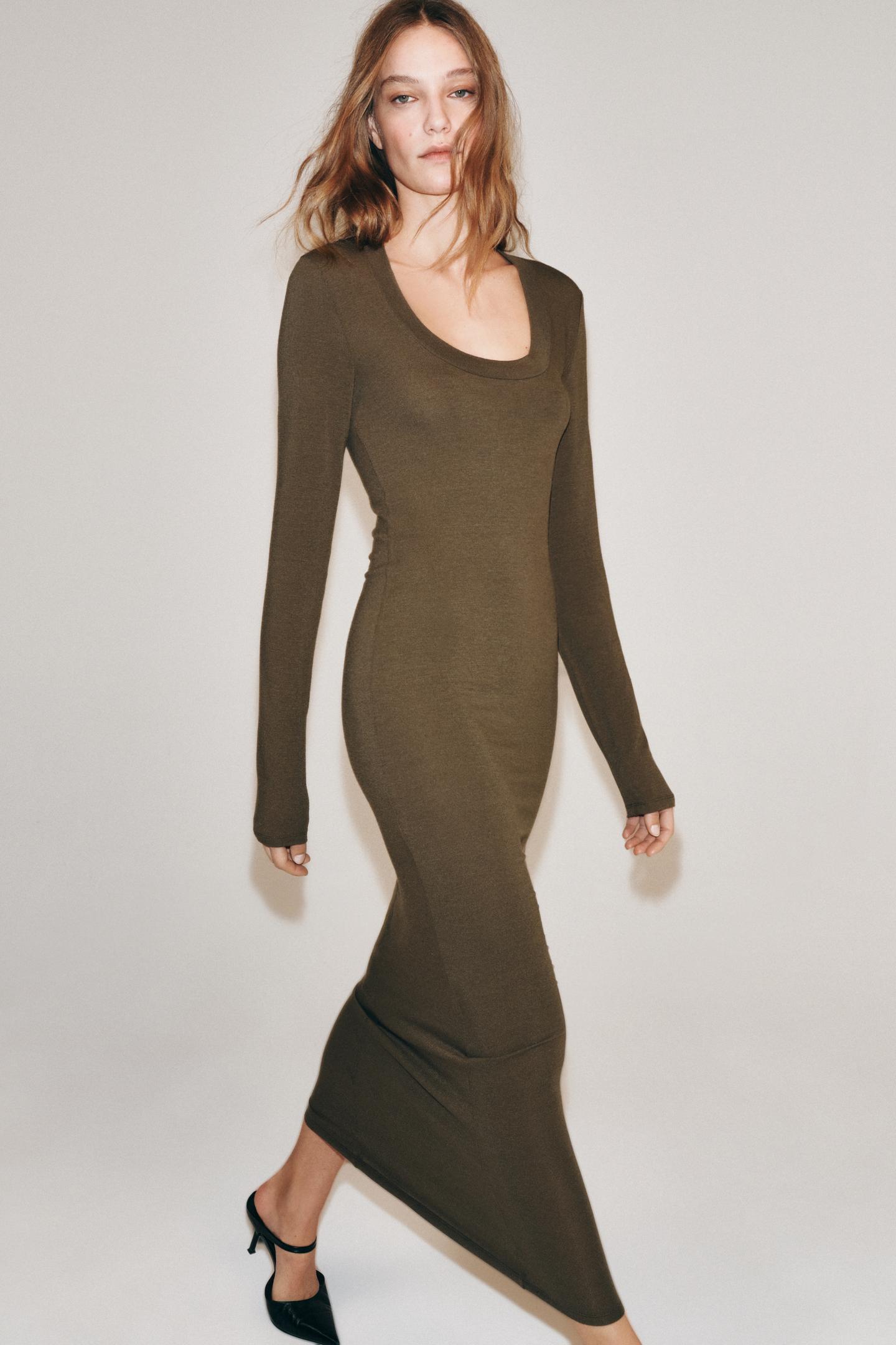 Женское платье Zara Long Funnel Neck, цвет: Тёмный хаки — фото 6