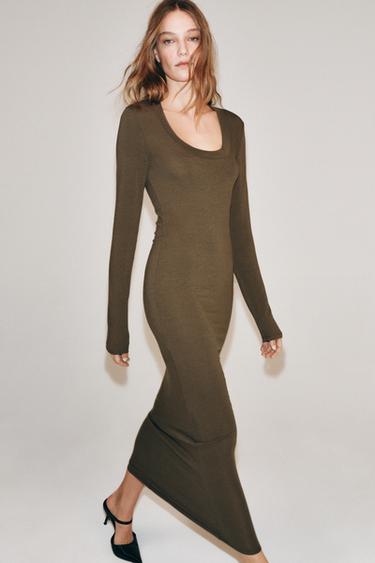 LONG FUNNEL NECK DRESS — Dark khaki 1