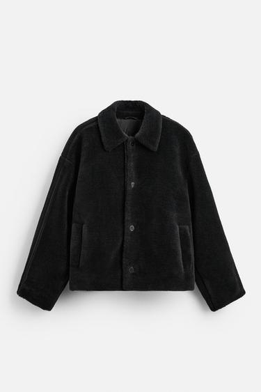 Zara BOXY FIT 方版人造皮草夾克 - 黑色
