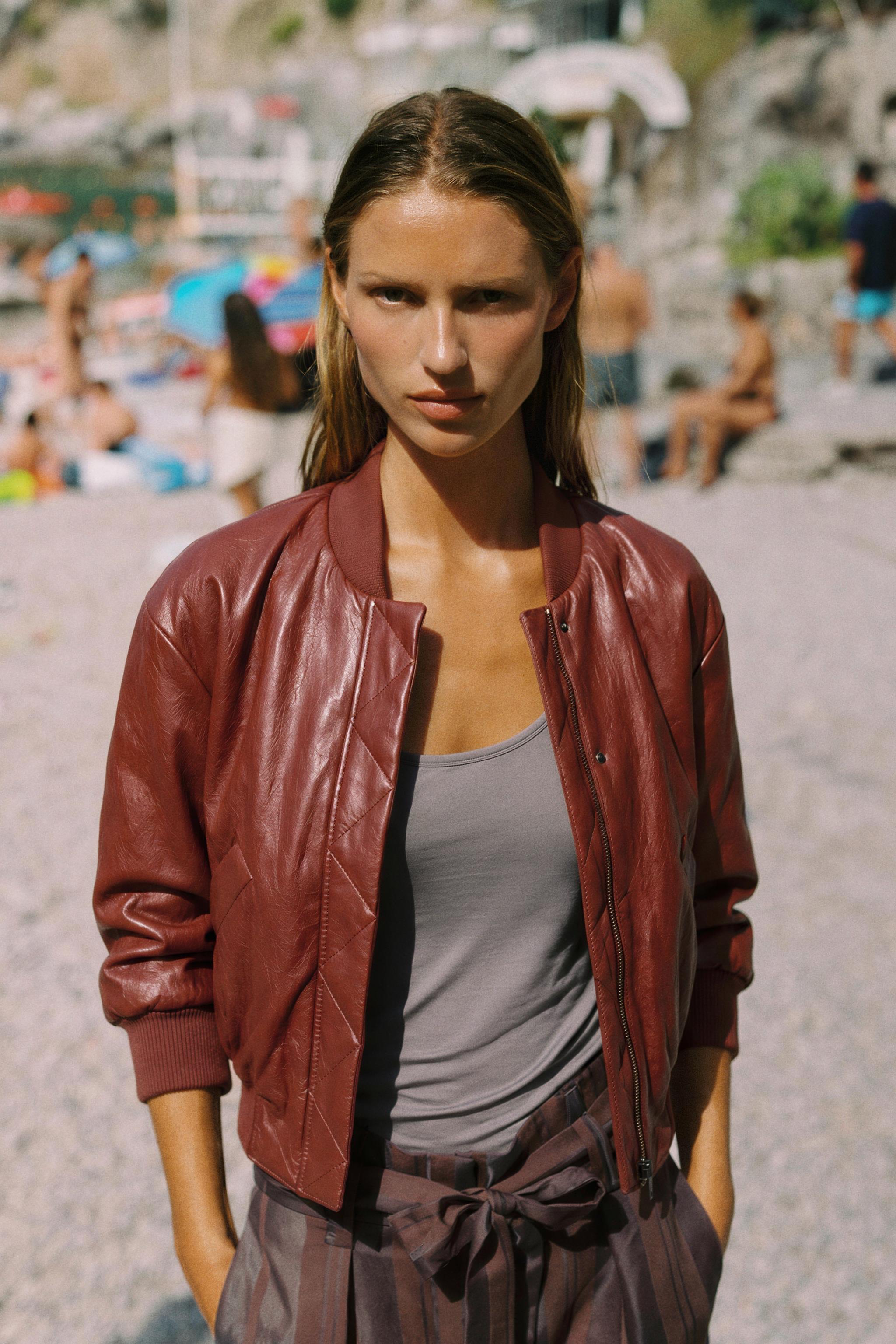 FAUX LEATHER BOMBER JACKET WITH SHOULDER PADS — Brick
