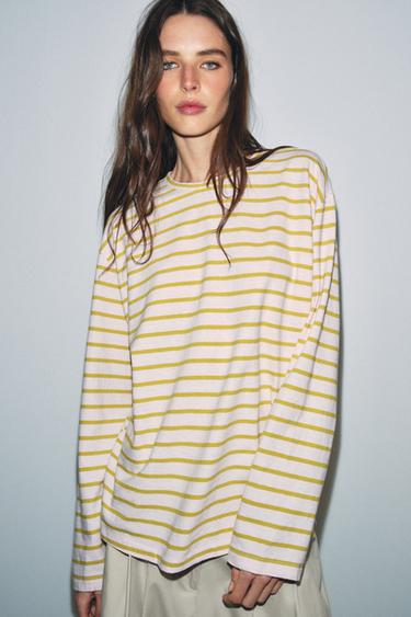 STRIPED COTTON AND LINEN T-SHIRT - Pastel pink by Zara
