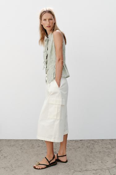 STRIPED TOP WITH METALLIC THREAD BOWS - Green / Ecru by Zara - Image 2