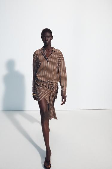 Zara TIED SHORT DRESS - Brown-Blue