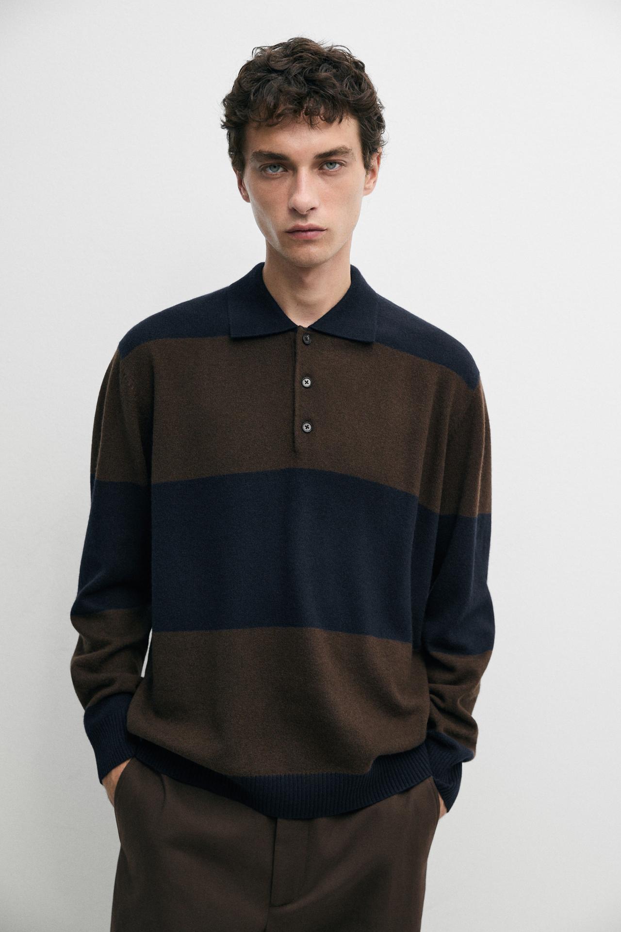 Wool-blend striped polo sweater — Bluish