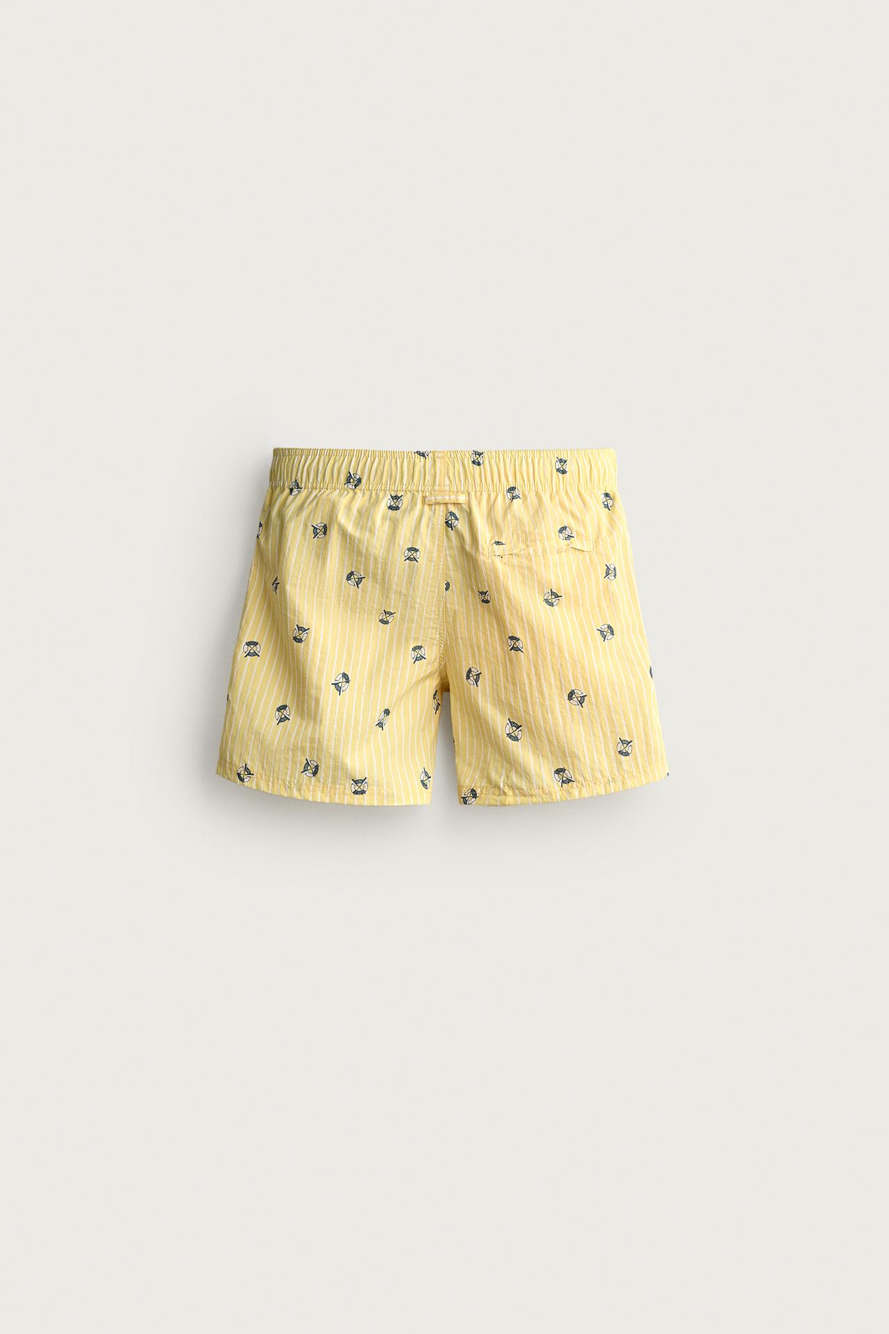 STRIPED MID-LENGTH SWIM TRUNKS — Yellow