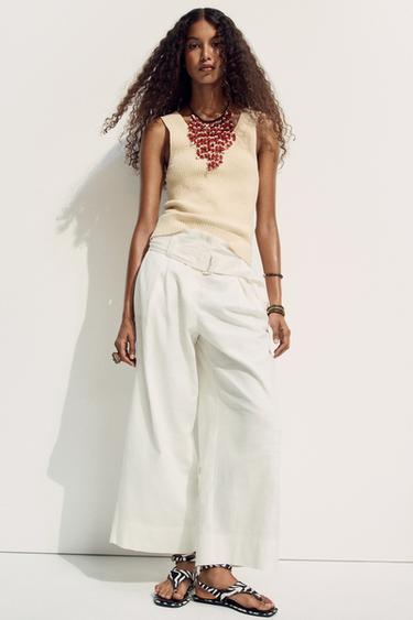 Zara PLEATED WIDE LEG PANTS - Ecru