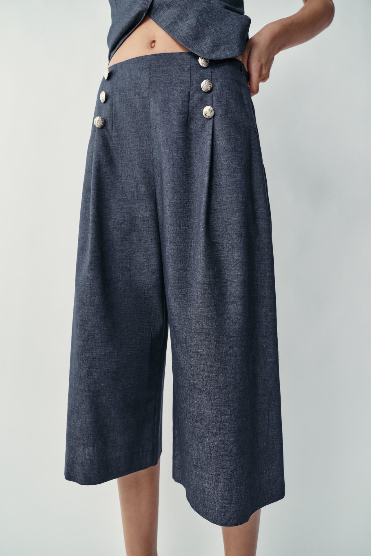 LONG BUTTONED LINEN SHORTS — Indigo