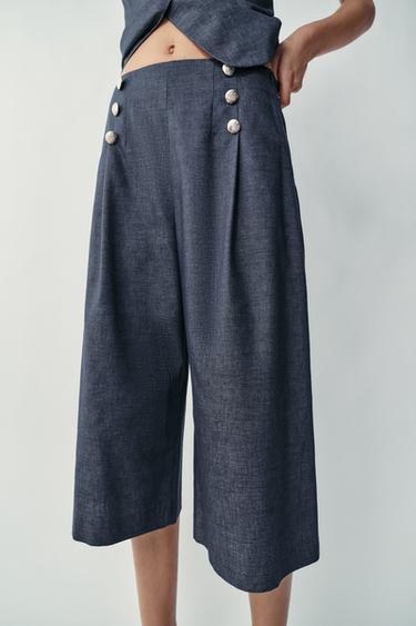 LONG LINEN BLEND BUTTON BERMUDA SHORTS - Indigo by Zara