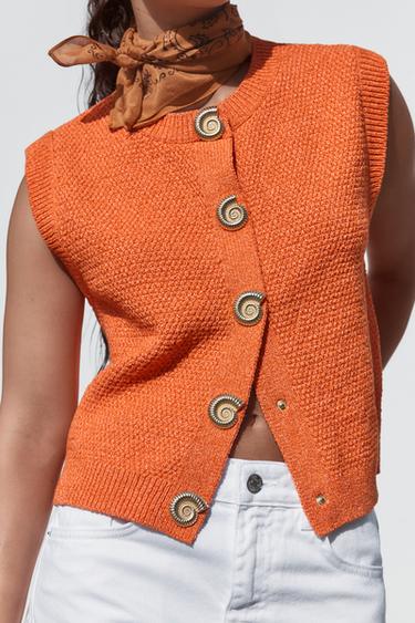 Zara SHELL BUTTON KNIT TOP VEST - Orange