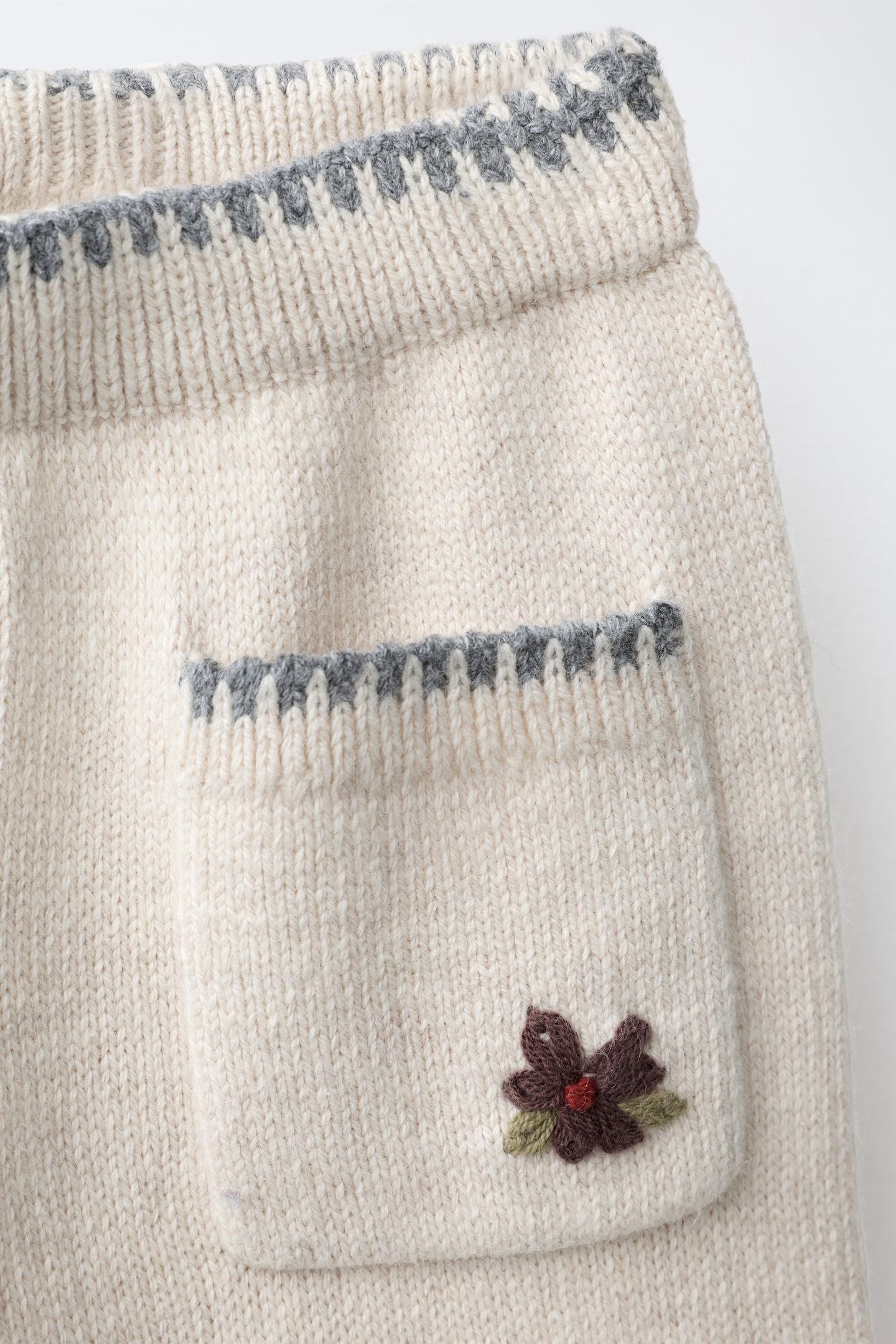 Детские брюки Zara Wool-Blend Embroidered Floral Knit Culottes, цвет: Экрю / Меланжевый — фото 3