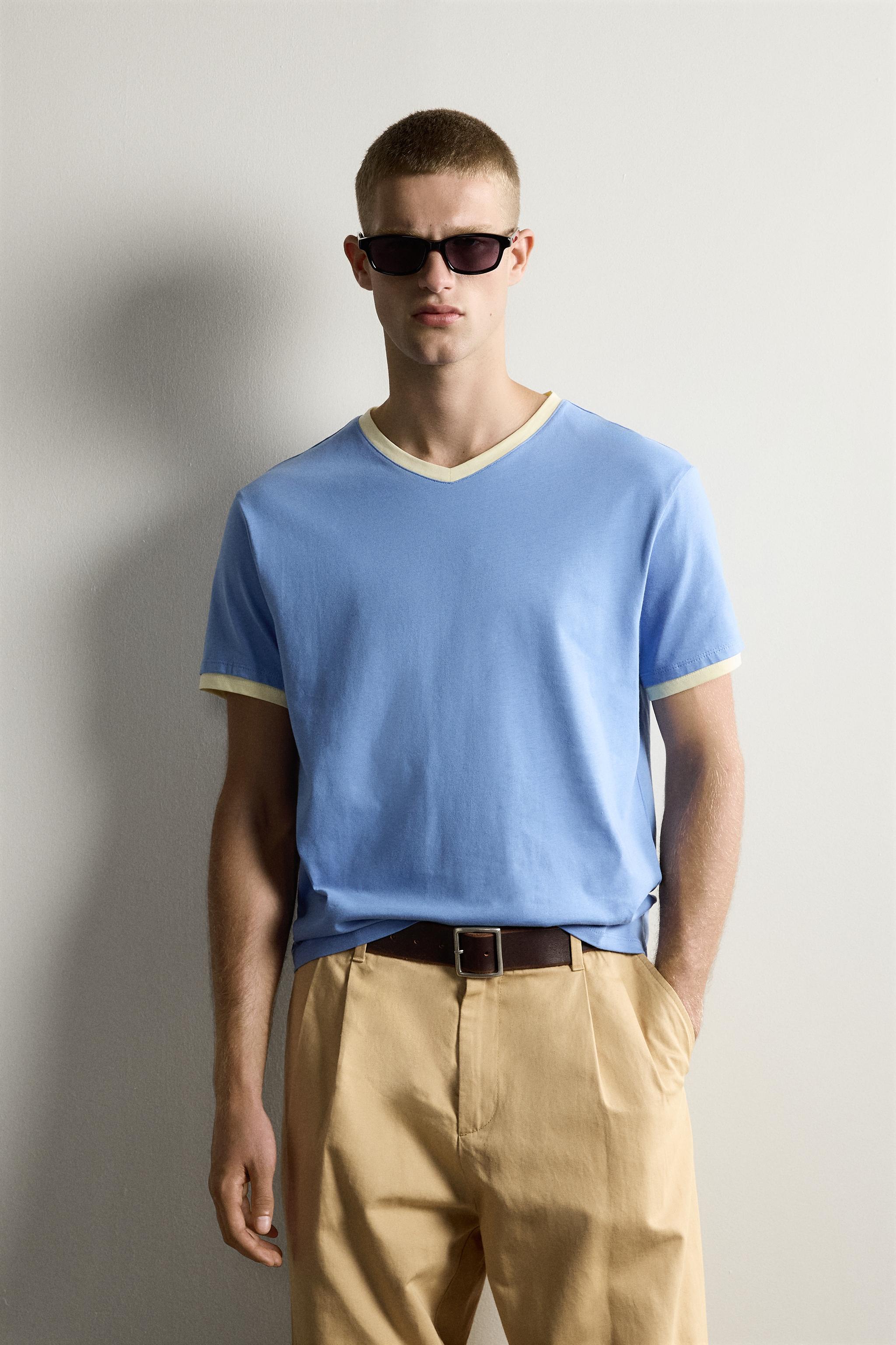 RINGER CONTRAST V-NECK RIBBED T-SHIRT — Mid-blue