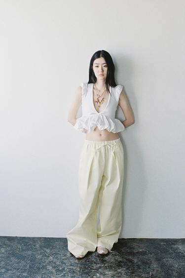 コンビ素材リボン付きTシャツホワイト0Zaraのコンビ素材リボン付きTシャツ - ホワイト - 画像 0