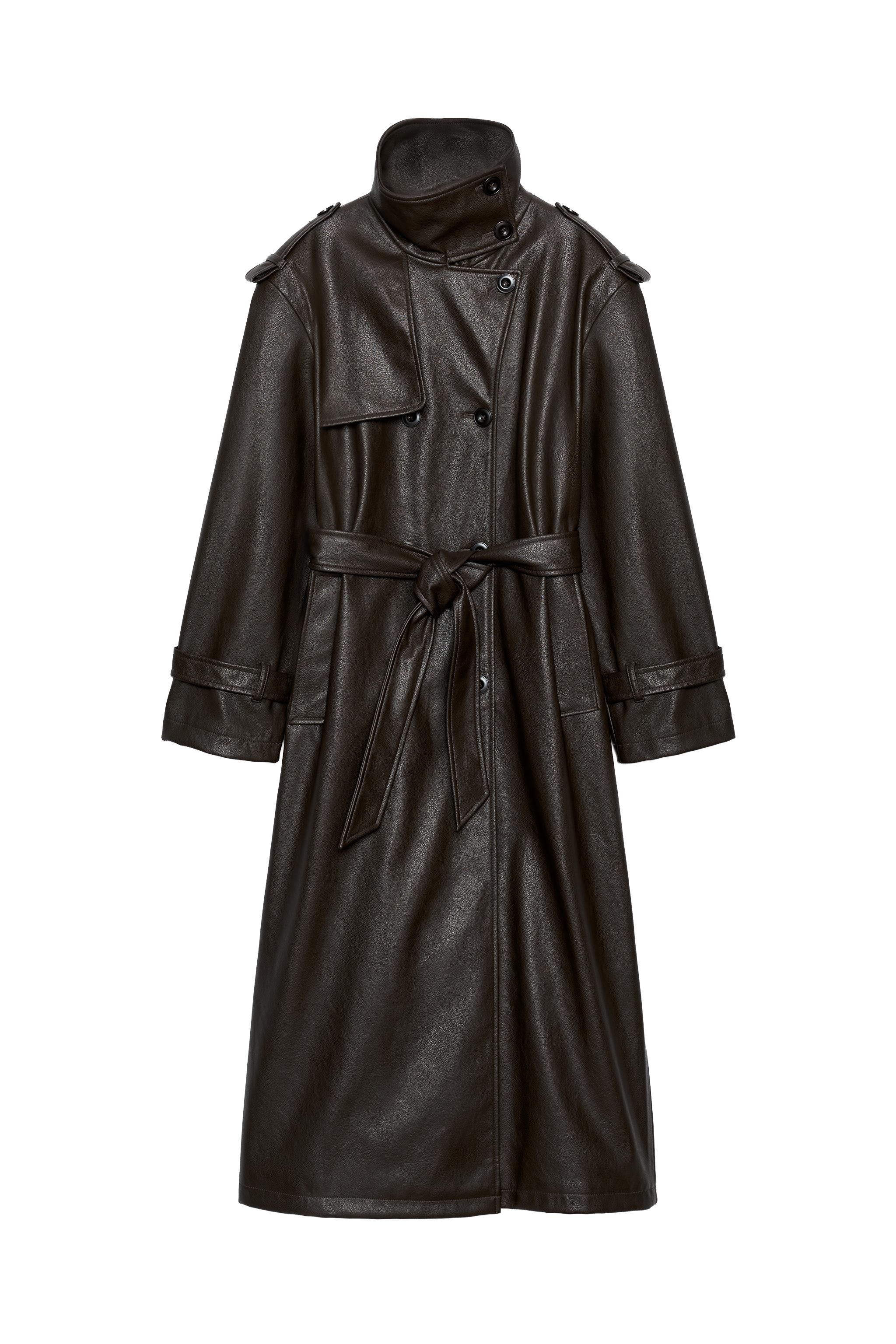 ロング丈 フェイクレザー トレンチコート - ダークブラウン | ZARA