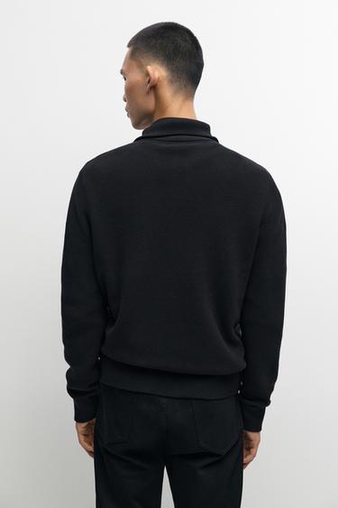High neck mixed fabric cardigan — Black 1