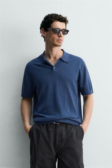 HEMP-COTTON KNIT POLO SHIRT - Navy blue by Zara - Image 1