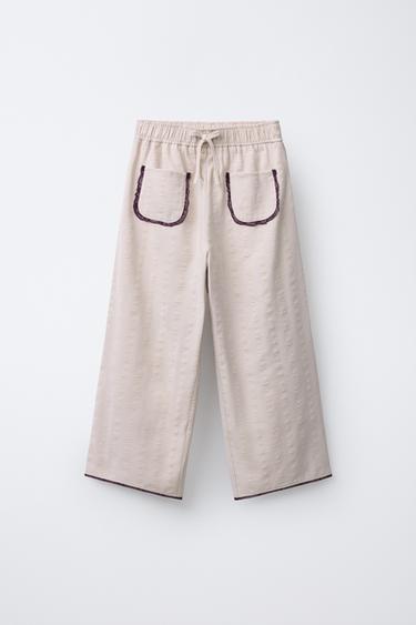 STRAIGHT-LEG FLORAL PRINT TROUSERS WITH LACE DETAIL - Beige by Zara