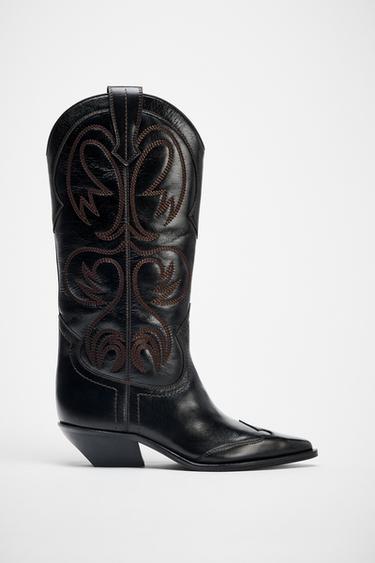 Zara EMBROIDERED LEATHER COWBOY BOOTS - Black