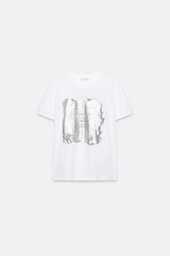 METALLIC SHORT SLEEVE T-SHIRT - Silver by Zara - Image 0